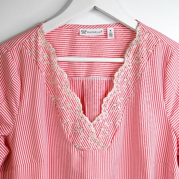 RAFAELLA Pink White Striped V Neck Embroidered 3/4 Sleeves Pull On Top -Size Med - Picture 3 of 11